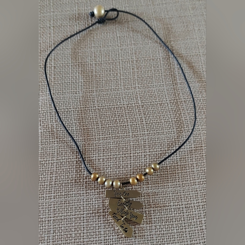 Handmade Black Leather, Gold Pearl & Sign Charm Necklace